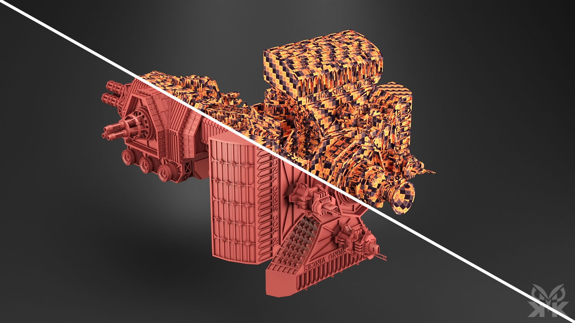 Warhammer 40K-inspired Automated Orbital Sentinel featuring gothic industrial architecture, armored structures, weapon batteries, and hard-surface mechanical detailing, modeled in Plasticity.