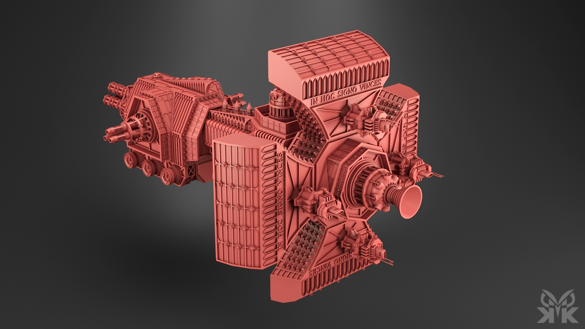 Warhammer 40K-inspired Automated Orbital Sentinel featuring gothic industrial architecture, armored structures, weapon batteries, and hard-surface mechanical detailing, modeled in Plasticity.