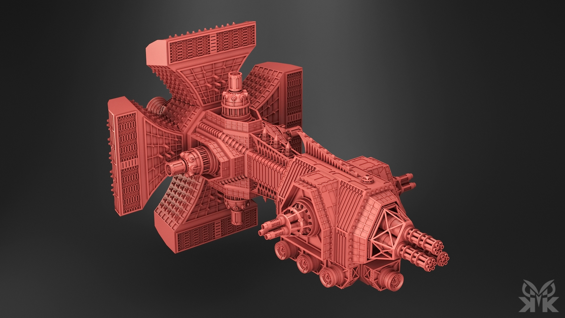 Warhammer 40K-inspired Automated Orbital Sentinel featuring gothic industrial architecture, armored structures, weapon batteries, and hard-surface mechanical detailing, modeled in Plasticity.
