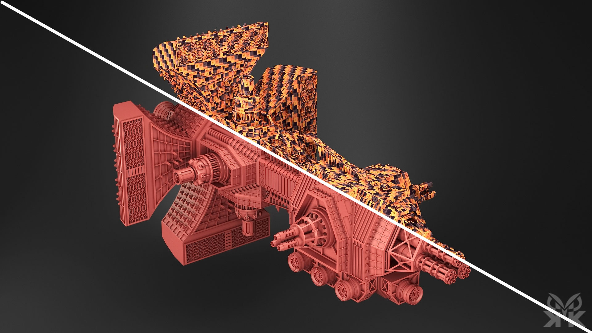 Warhammer 40K-inspired Automated Orbital Sentinel featuring gothic industrial architecture, armored structures, weapon batteries, and hard-surface mechanical detailing, modeled in Plasticity.