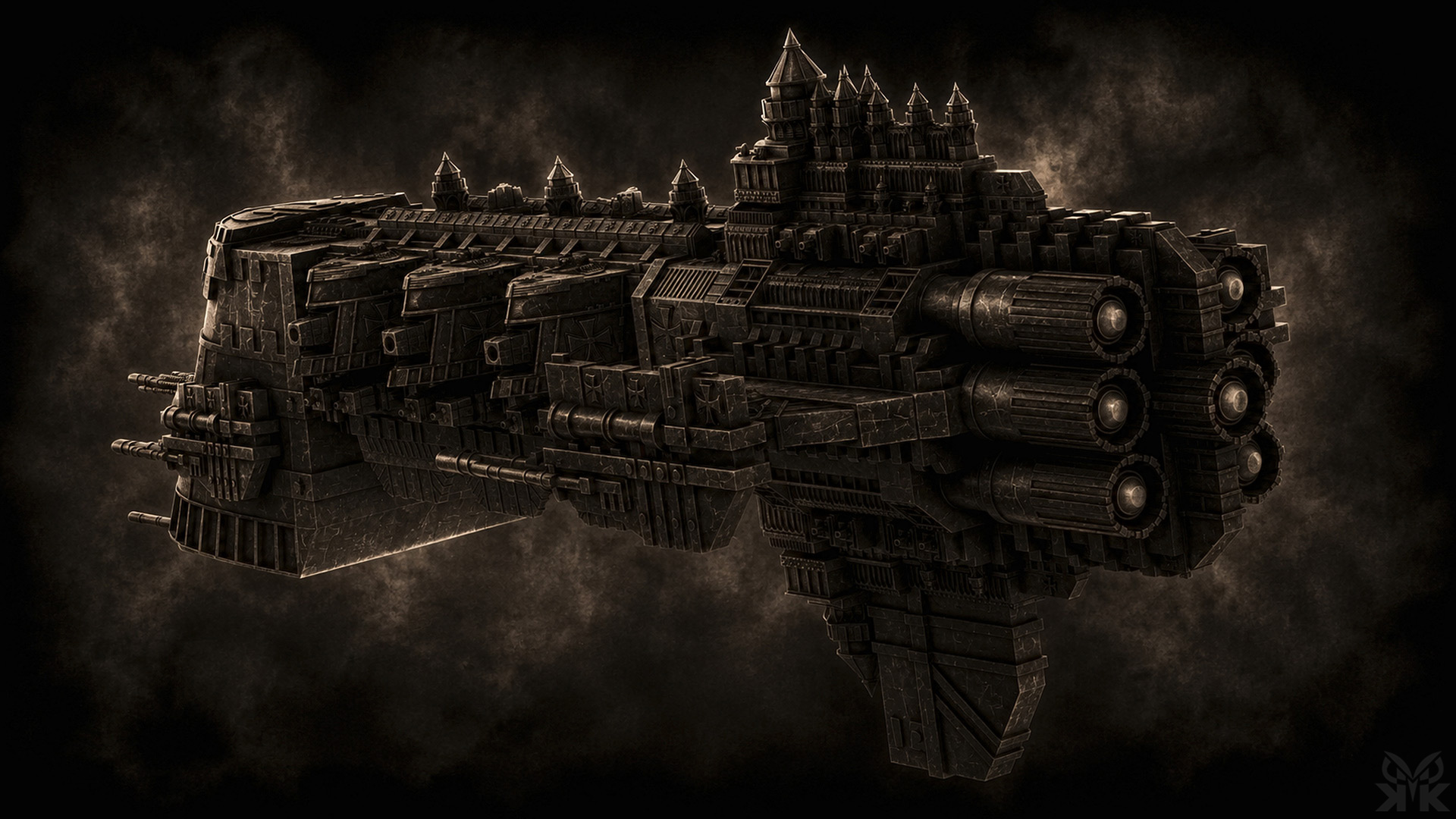 Warhammer 40K-inspired Black Templars light cruiser featuring gothic architecture, armored hull plating, weapon batteries, and dramatic space lighting above a planetary horizon.