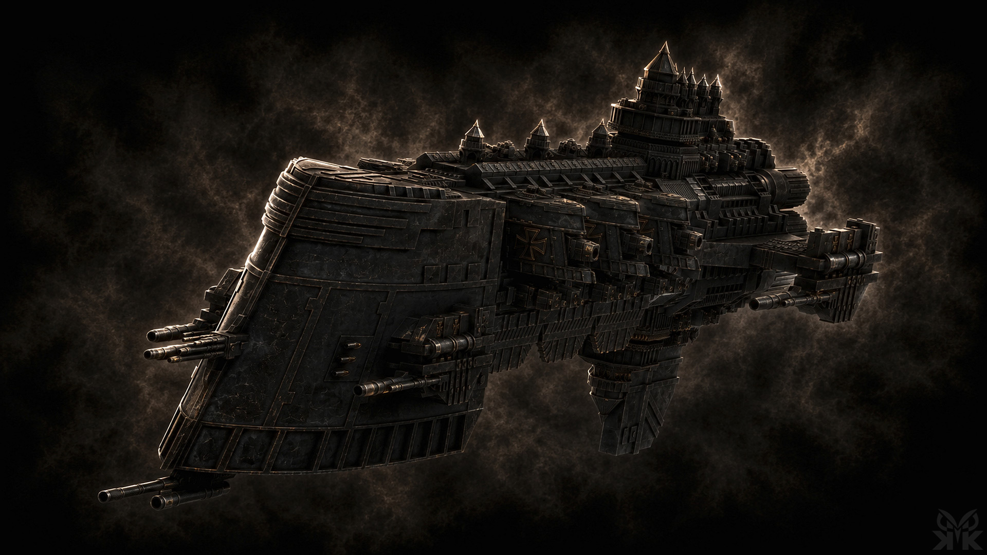 Warhammer 40K-inspired Black Templars light cruiser featuring gothic architecture, armored hull plating, weapon batteries, and dramatic space lighting above a planetary horizon.