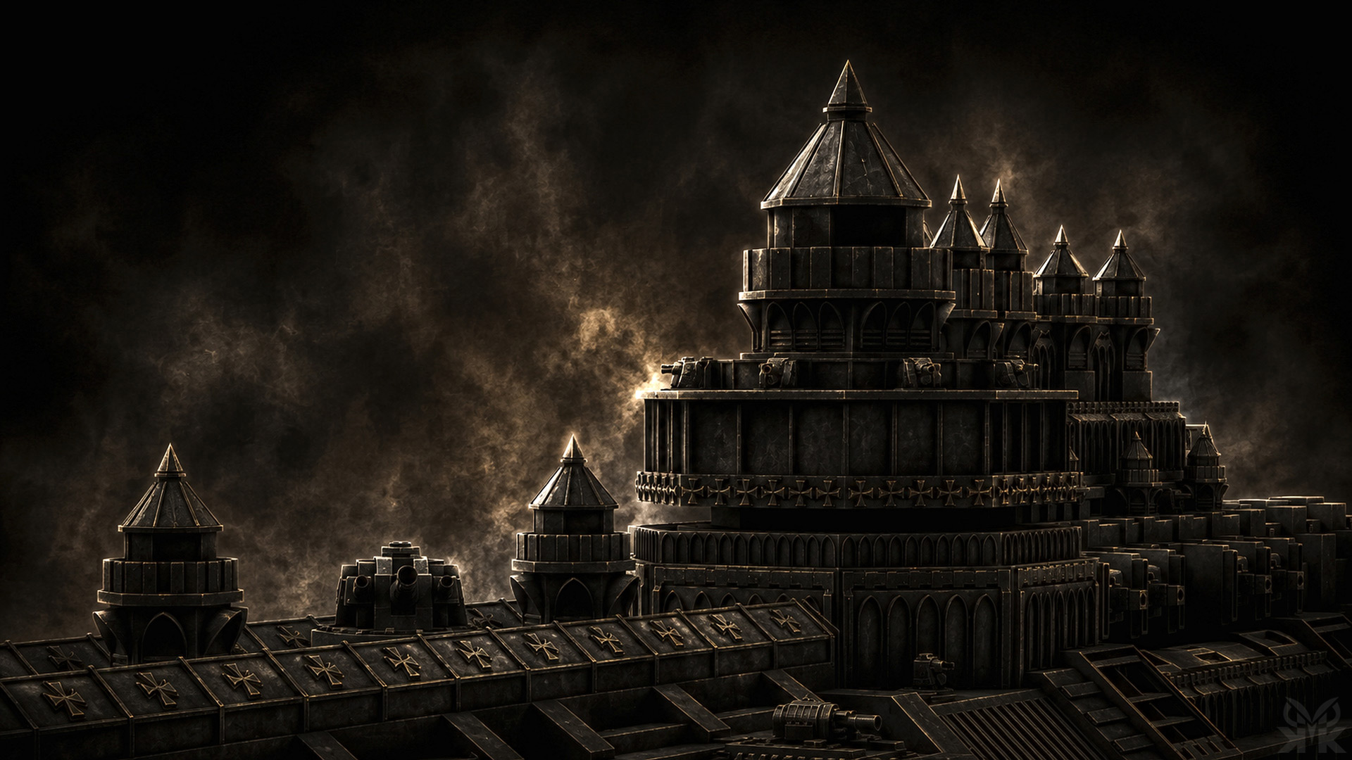 Warhammer 40K-inspired Black Templars light cruiser featuring gothic architecture, armored hull plating, weapon batteries, and dramatic space lighting above a planetary horizon.