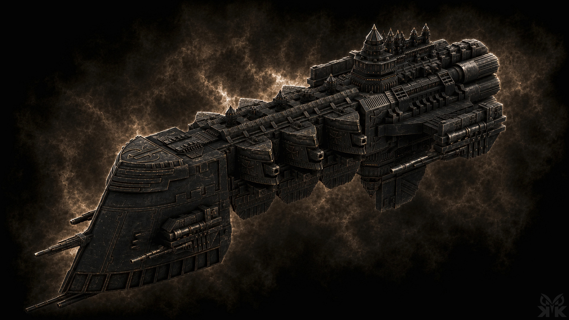 Warhammer 40K-inspired Black Templars light cruiser featuring gothic architecture, armored hull plating, weapon batteries, and dramatic space lighting above a planetary horizon.