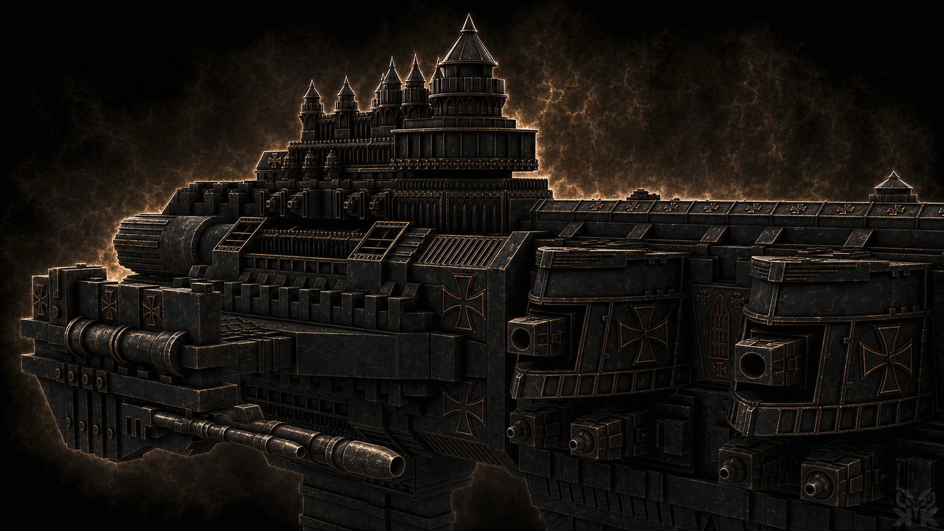 Warhammer 40K-inspired Black Templars light cruiser featuring gothic architecture, armored hull plating, weapon batteries, and dramatic space lighting above a planetary horizon.