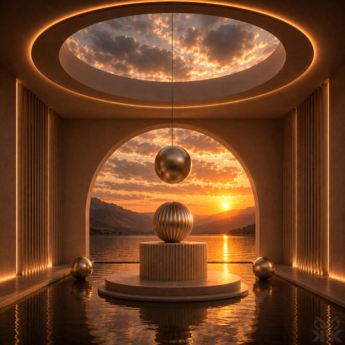 Futuristic architectural chamber featuring suspended and pedestal-mounted metallic spheres overlooking a golden sunset across a mountain lake.