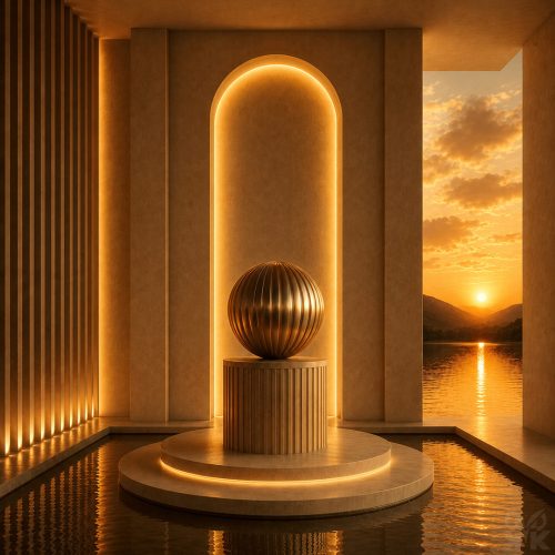 Illuminated architectural alcove with a metallic sphere sculpture overlooking a golden sunrise reflected on a tranquil lake.