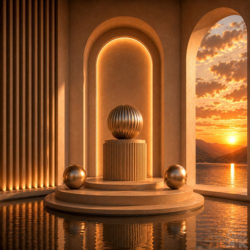 Illuminated architectural pedestal displaying a metallic sphere beside a golden sunset over a mountain lake.