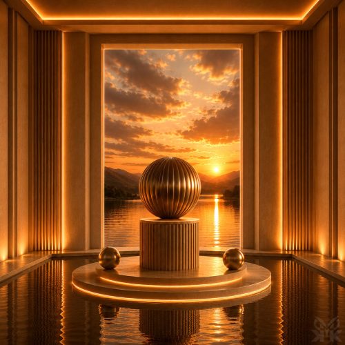 Golden illuminated chamber with a metallic sphere sculpture overlooking a sunset lake and mountain landscape, reflected in a tranquil indoor pool.