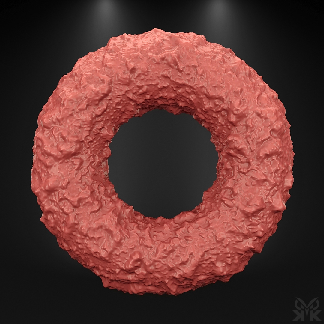 Chocolate Donut Clay Procedural donut-shaped object with a rough chocolate-like surface texture, rendered in a studio environment with dramatic lighting and realistic material detail.