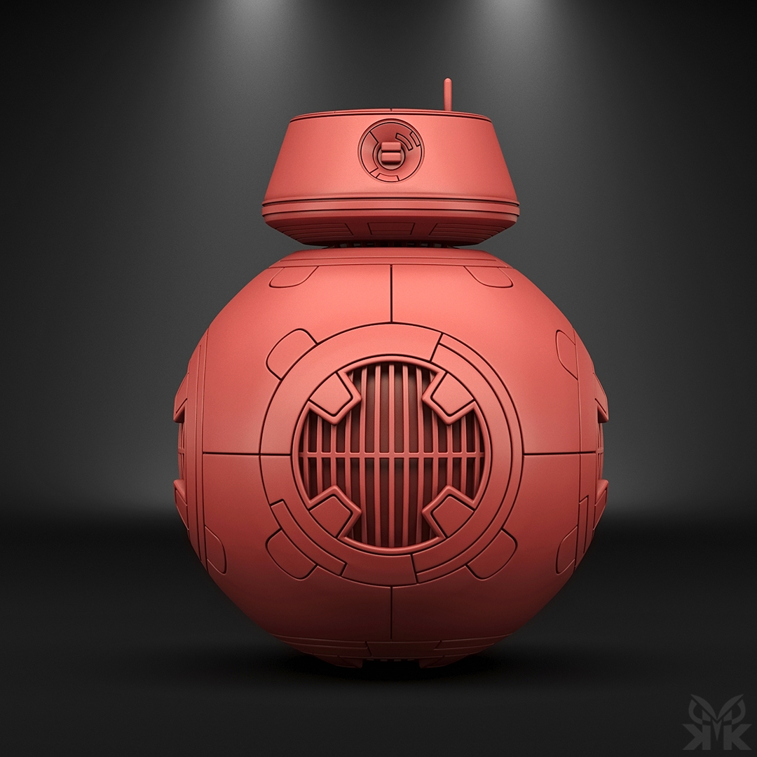 Star Wars Droid – Clay Render Star Wars-inspired droid displayed in a presentation showing clay texture validation and final hard-surface geometry, modeled in Autodesk Inventor.