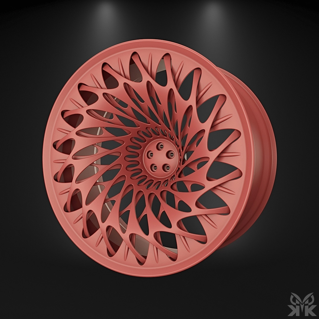 Mercedes Organic Rim – Clay Render Organic Mercedes-inspired wheel rim displayed in a split-view presentation showing UV checker texture validation and clay-rendered geometry, modeled in Autodesk Inventor.